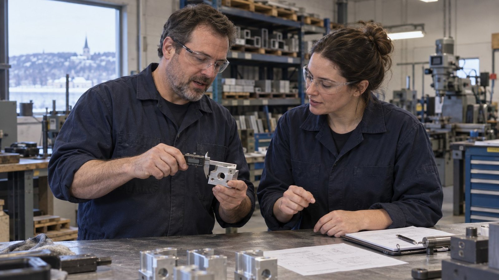 Illustration : deux collègues dans un atelier industriel